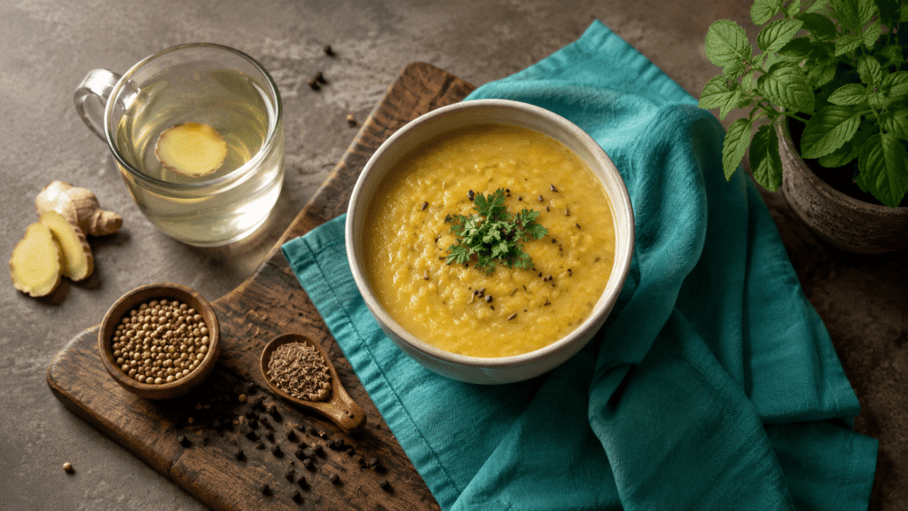 Warm, light Ayurvedic monsoon meal with khichdi, ginger water, and whole spices