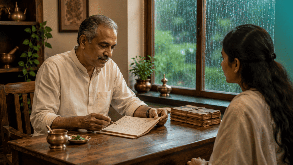 Ayurvedic practitioner consulting with a patient before recommending a monsoon treatment plan