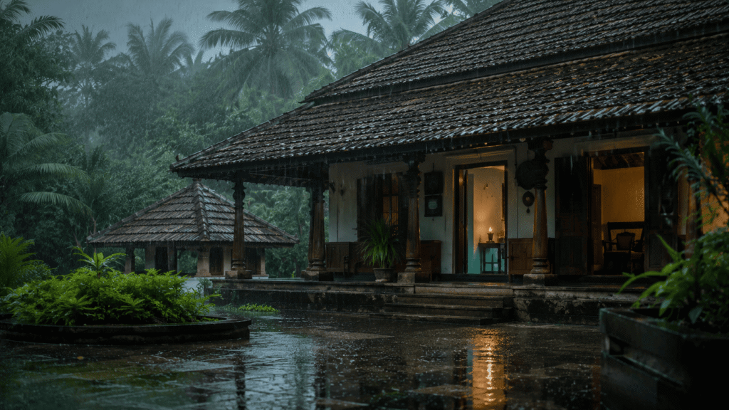 Kerala Ayurvedic retreat in the rain, representing the traditional Varsha Ritu window for panchakarma in monsoon