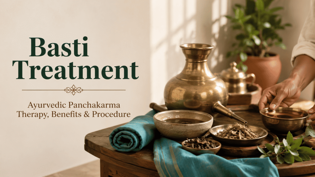 Basti treatment setup with traditional Ayurvedic oils and herbal decoction on a wooden table