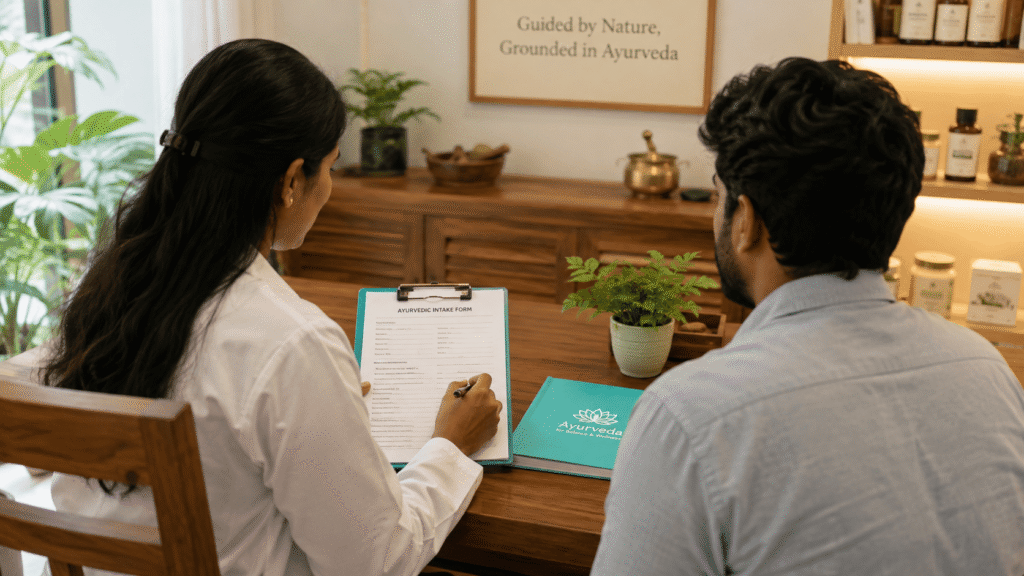 Ayurvedic consultation discussing safety and suitability for basti treatment