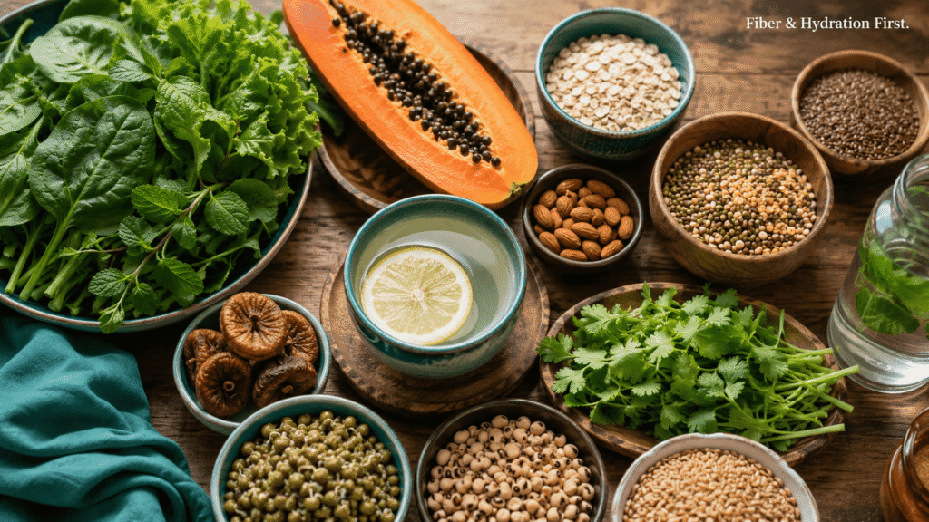 High fiber Ayurvedic foods including leafy greens, whole grains, and legumes for managing piles and constipation