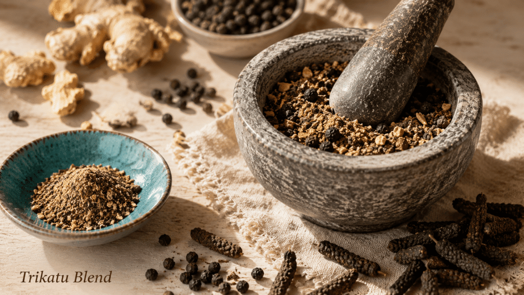 Mortar and pestle with dried ginger, black pepper and long pepper for Trikatu, an Ayurvedic ginger formulation