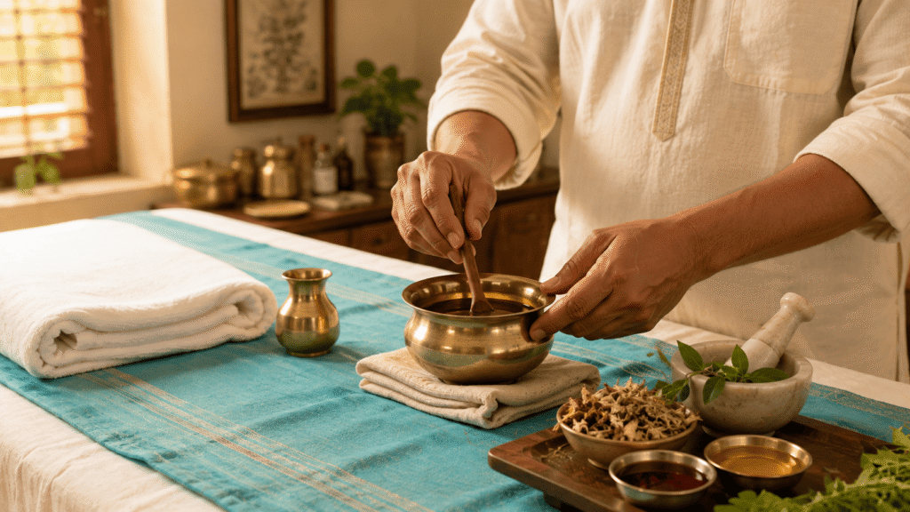 Practitioner preparing herbal oil before administering basti treatment