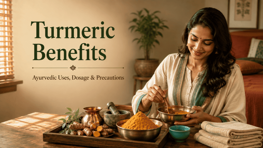 Woman preparing turmeric paste in a brass bowl for an Ayurvedic turmeric benefits guide