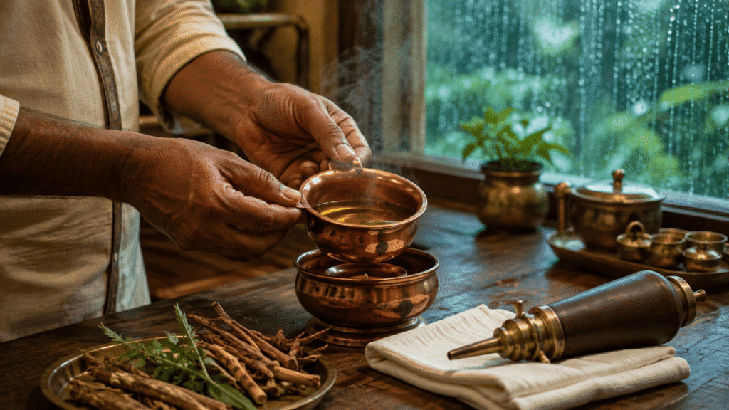 Ayurvedic practitioner warming herbal oil for Basti therapy during monsoon treatment