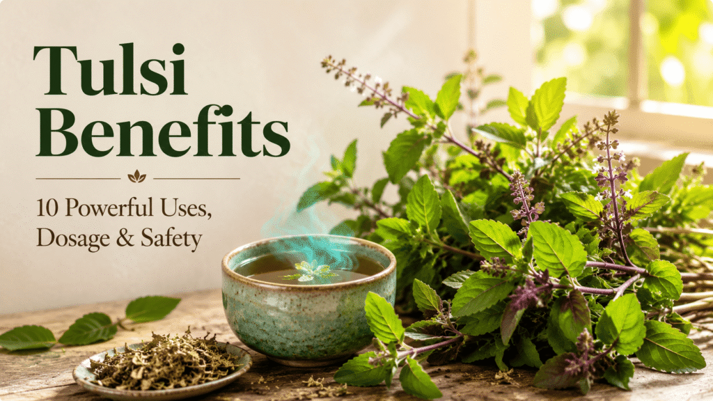 Fresh tulsi leaves and a cup of tulsi tea, representing tulsi benefits, uses, dosage and safety