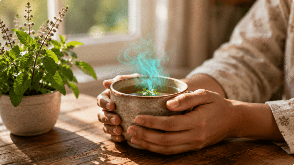 Person holding a warm cup of tulsi tea near a sunlit window, reflecting tulsi's traditional use for stress support