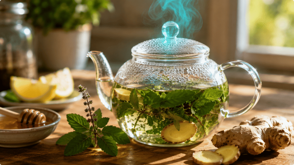 A warm cup of tulsi tea near a sunlit window, reflecting tulsi's traditional use for stress support