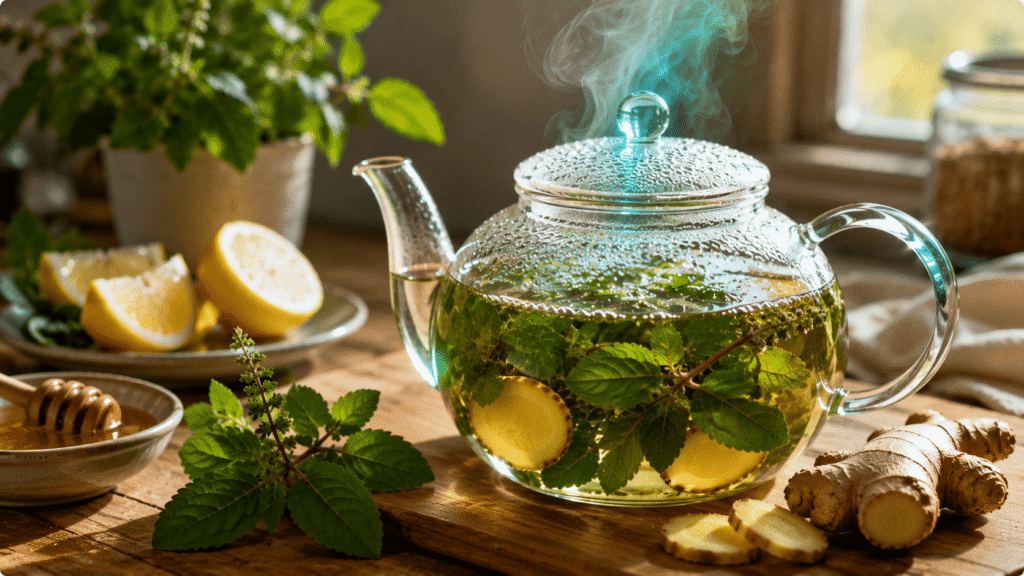 Fresh tulsi leaves, dried powder, brewed tea, and liquid extract drops shown side by side