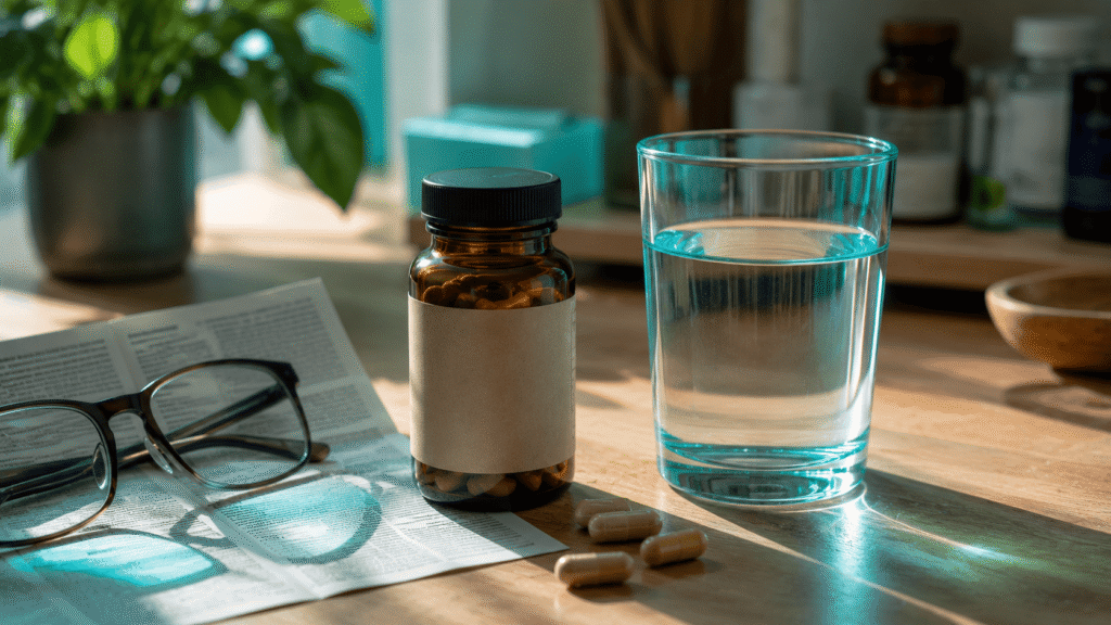 Tulsi extract bottle and product label being reviewed alongside a glass of water, representing dosage and safety precautions