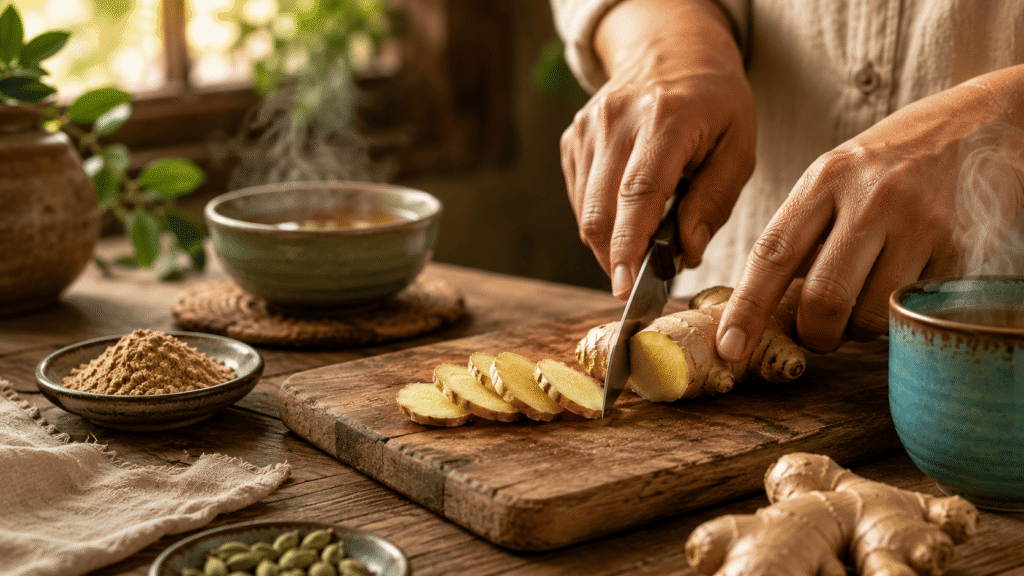 Slicing fresh ginger before meals for digestion, one of the key ginger benefits in Ayurveda