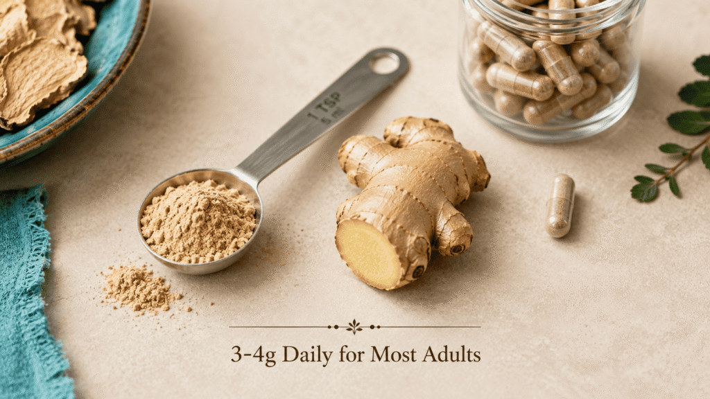 Measured ginger powder and fresh root showing the safe daily ginger dosage of 3 to 4 grams