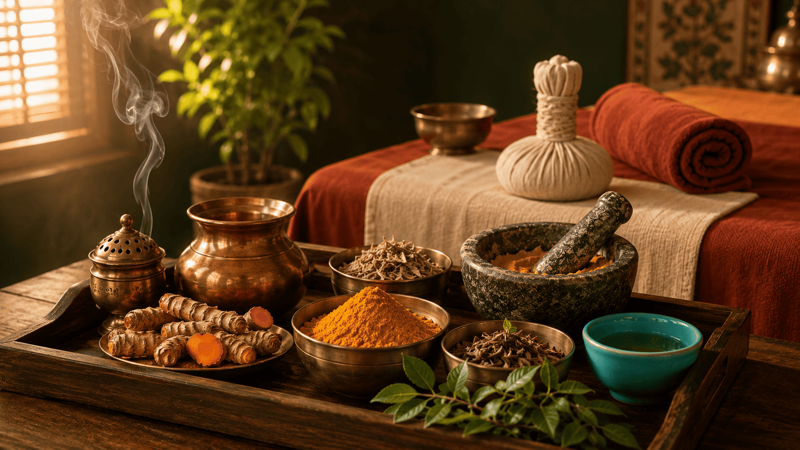 Traditional Ayurvedic turmeric preparation with brass bowls and herbal poultice