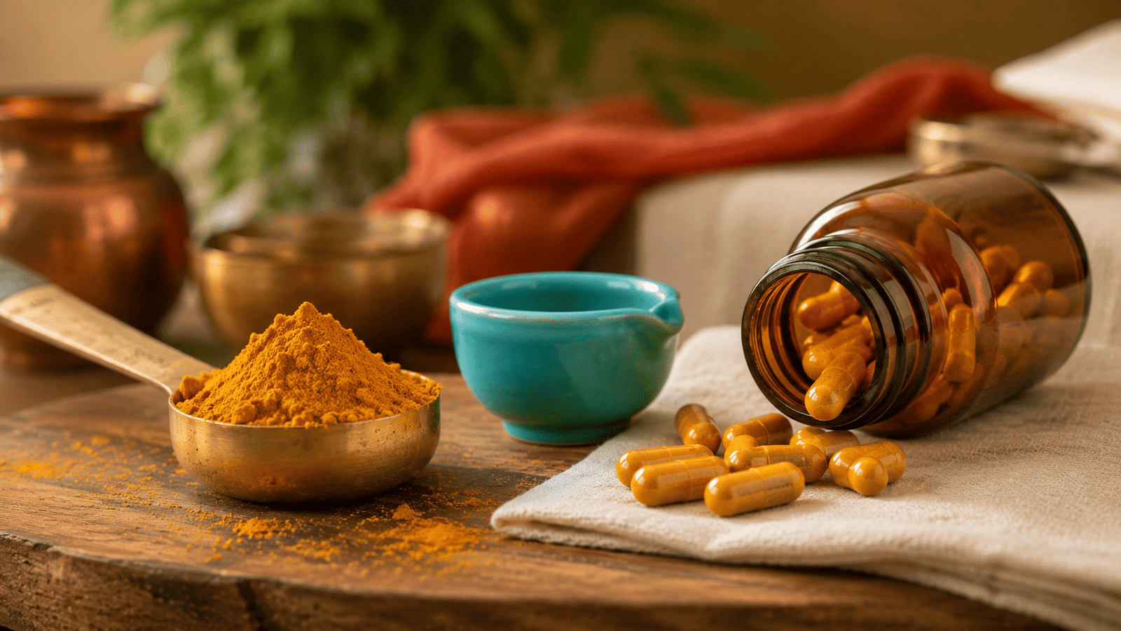 Turmeric powder measured next to curcumin supplement capsules for dosage comparison