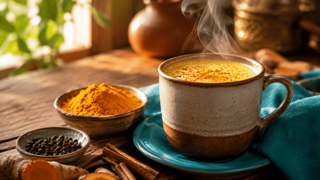 Golden milk made with turmeric, black pepper, and warm milk