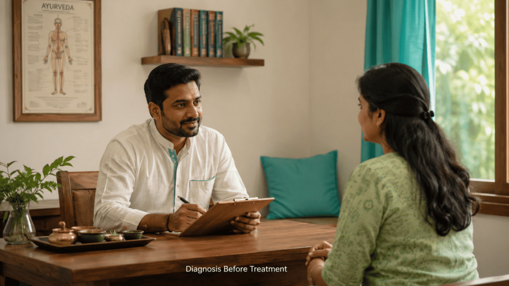 Ayurvedic practitioner consulting with a patient before recommending piles treatment such as Kshara Karma