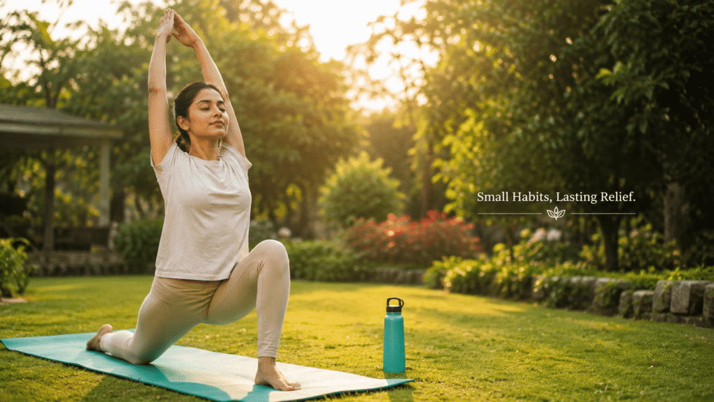 Person practicing gentle morning yoga outdoors to support digestive health and prevent piles recurrence
