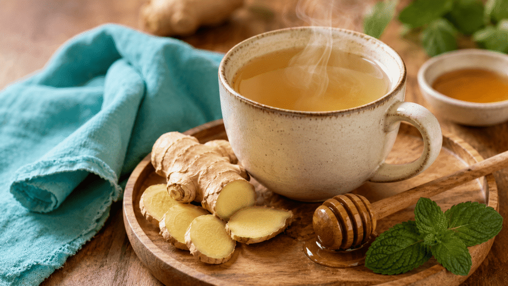 Warm ginger tea with honey used for nausea relief, one of the best studied ginger benefits