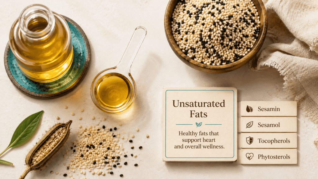 Sesame oil benefits and nutrition — unsaturated fats, sesamin and sesamol compounds