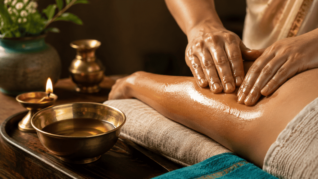 Sesame oil benefits for massage — warm Abhyanga oil massage in Ayurveda