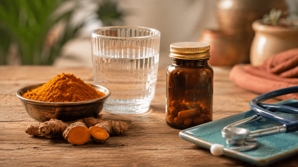 Turmeric powder and supplement bottle beside a stethoscope representing medical precautions