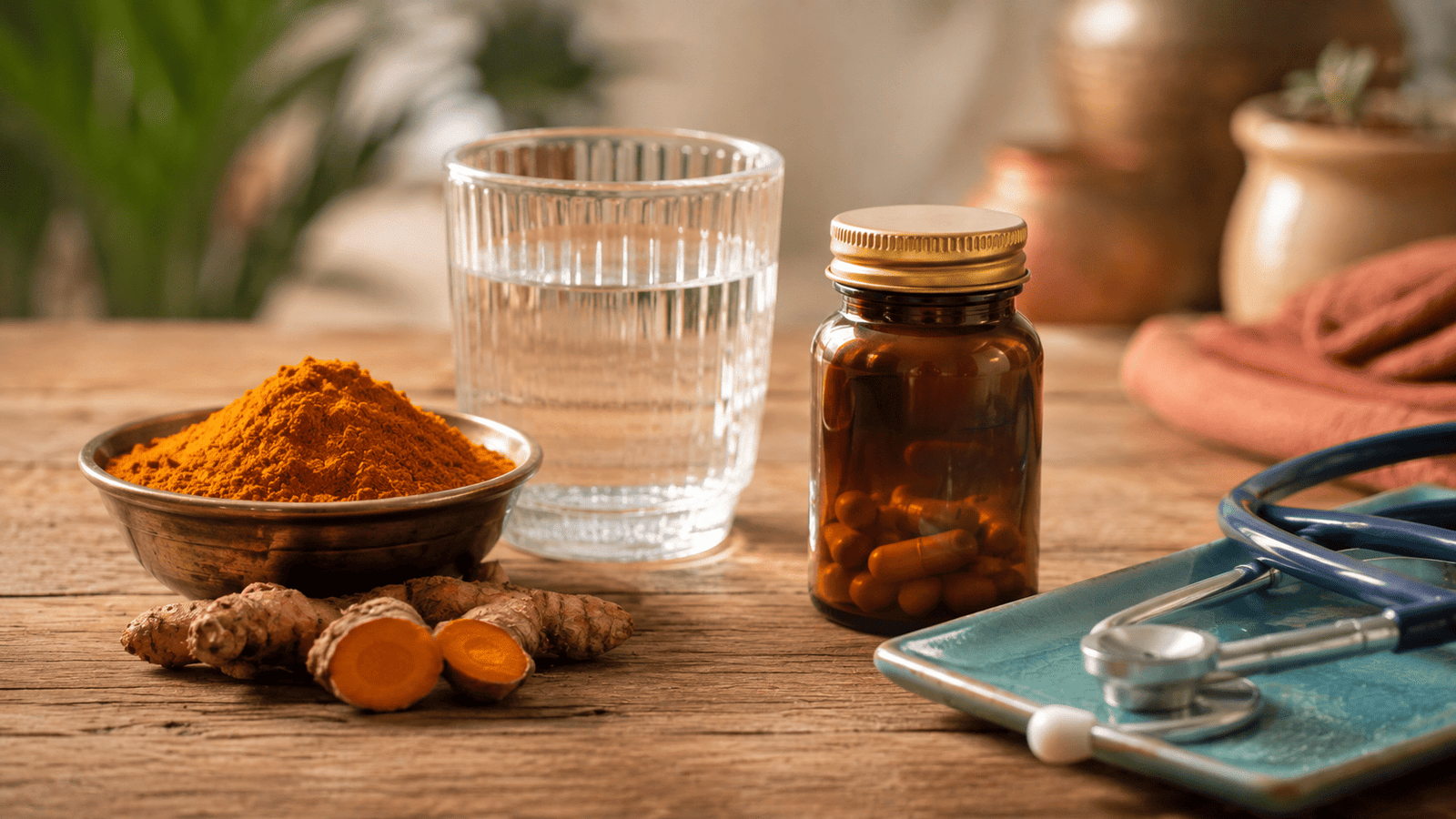 Turmeric powder and supplement bottle beside a stethoscope representing medical precautions