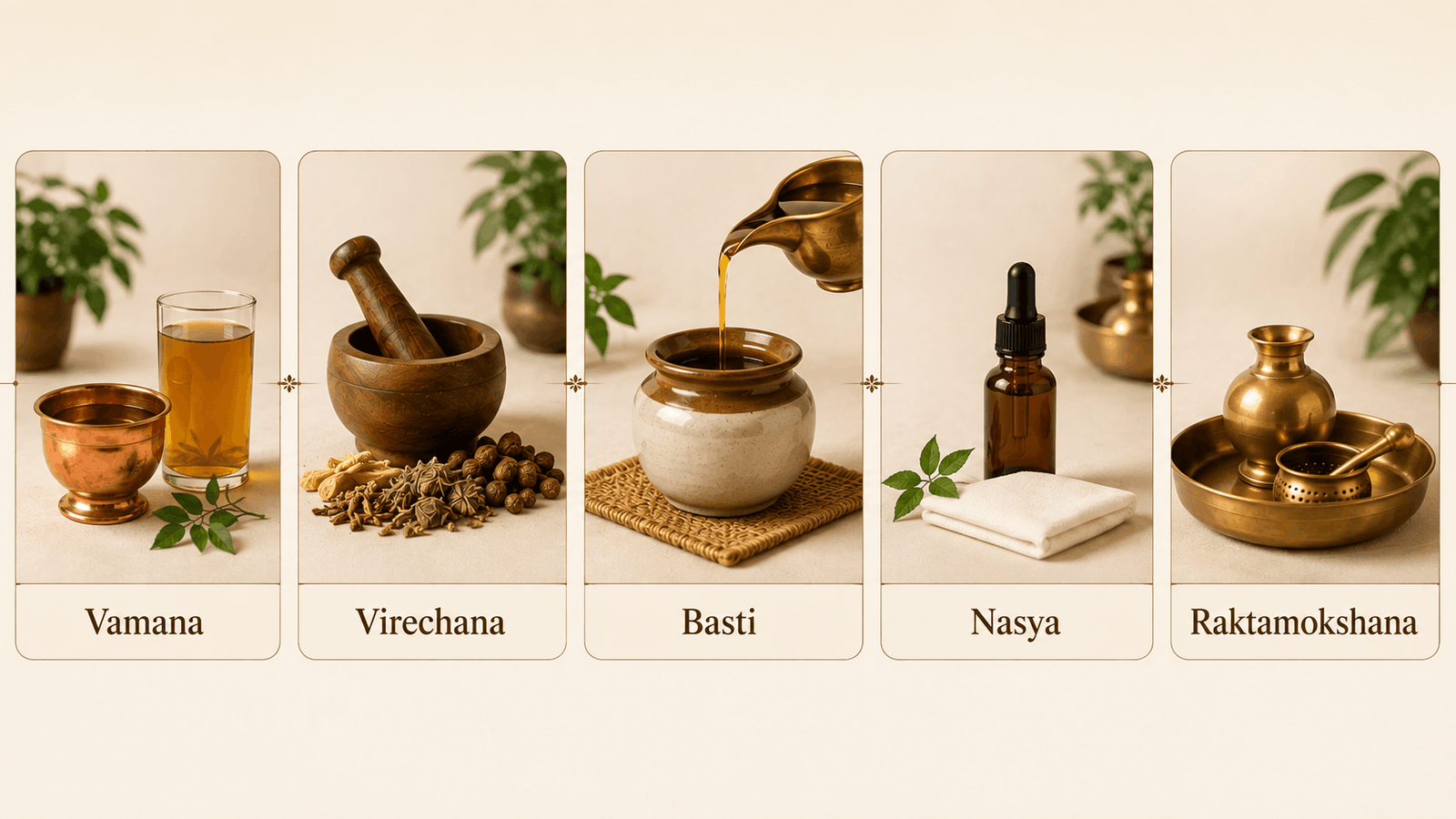 The five Panchakarma treatments: Vamana, Virechana, Basti, Nasya, and Raktamokshana