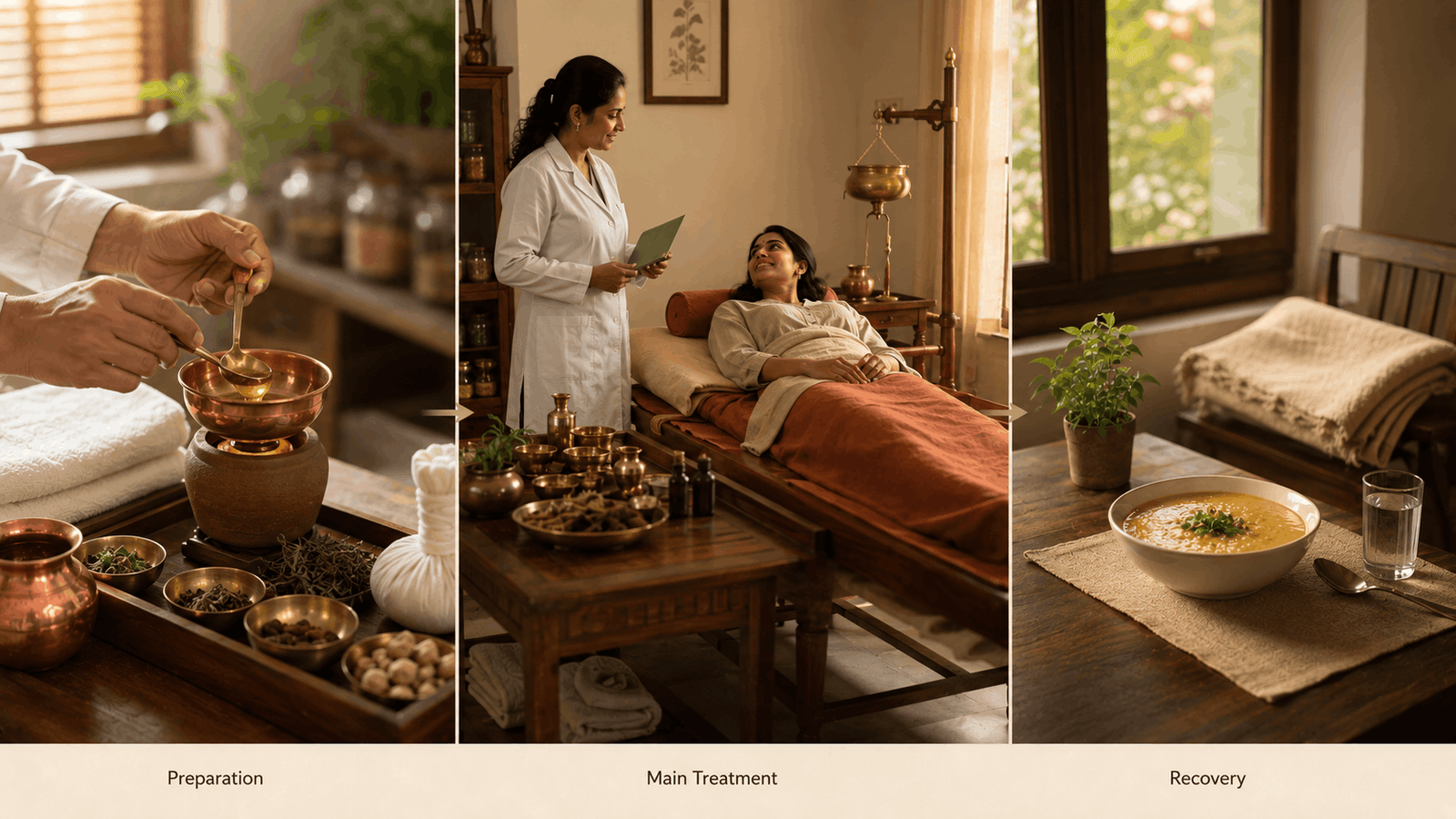 Panchakarma treatment stages: preparation, main procedure, and recovery