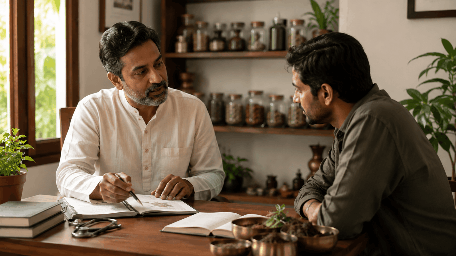 Ayurvedic practitioner consulting a patient before Panchakarma treatment