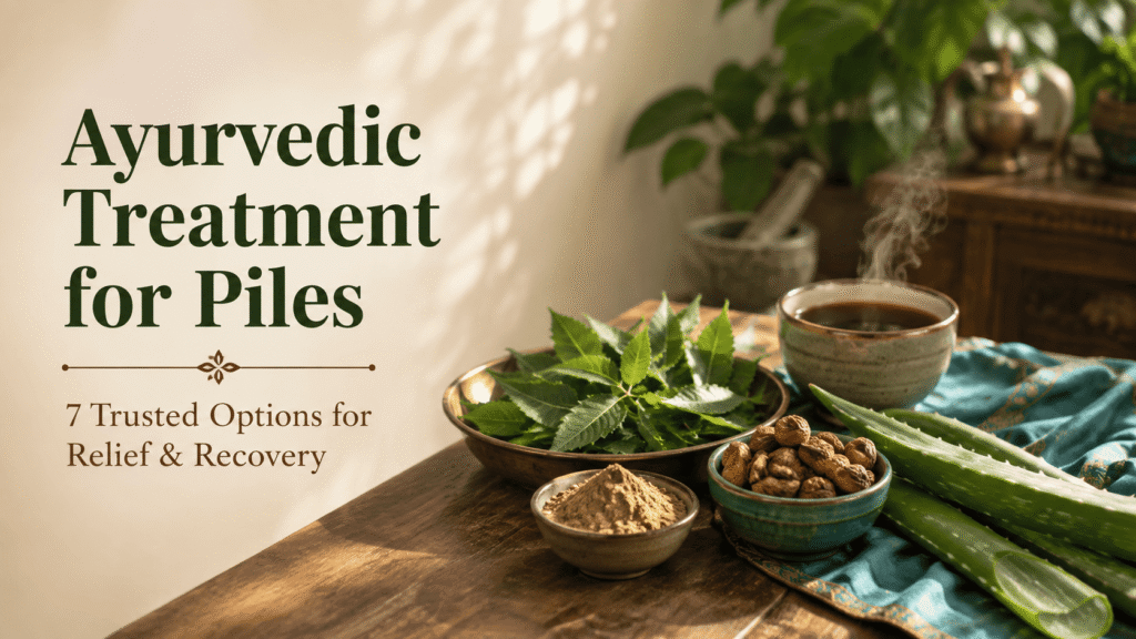 Ayurvedic treatment for piles with herbal remedies, neem leaves, and traditional decoction on a wooden table