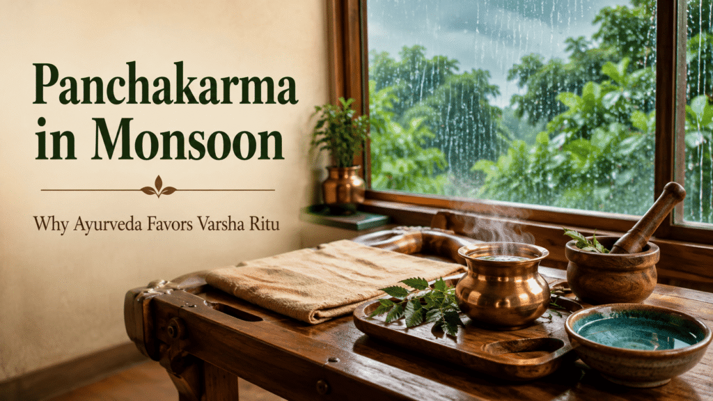 Ayurvedic treatment table with warm herbal oil and monsoon rain visible through the window, illustrating panchakarma in monsoon