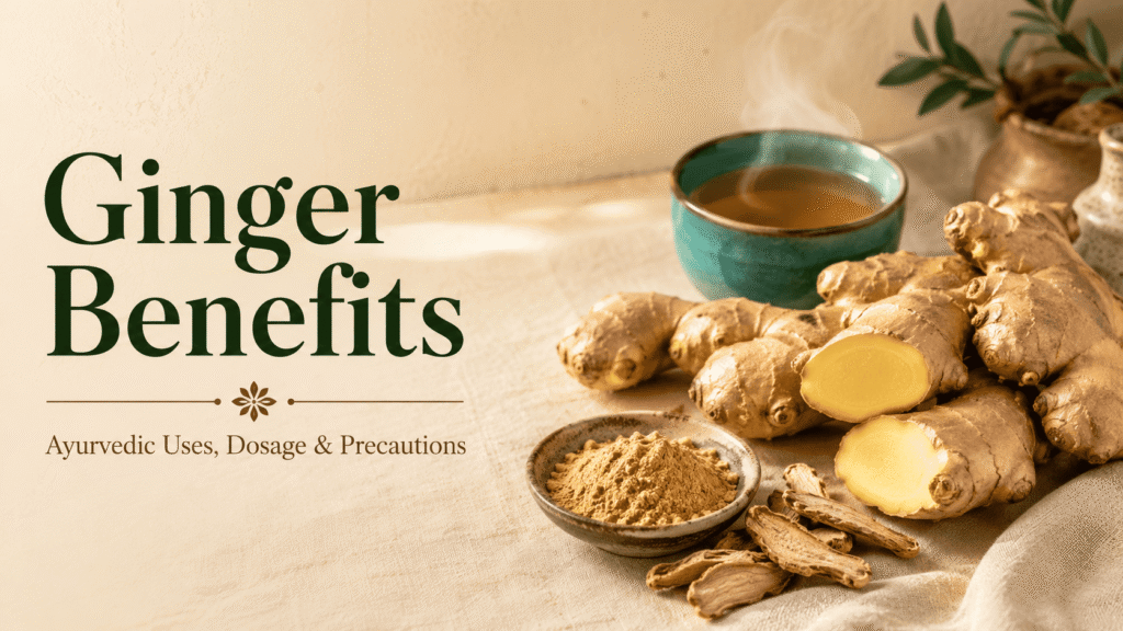 Fresh ginger root, ginger powder, and tea showing Ayurvedic ginger benefits for digestion and immunity
