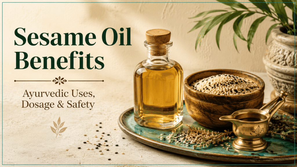 Sesame oil benefits-glass bottle of sesame oil with raw seeds, Ayurvedic uses guide