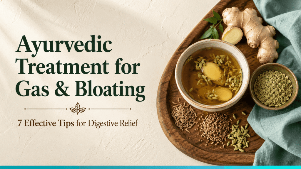 Ayurvedic treatment for gas and bloating shown with ginger, fennel, and cumin on a wooden tray with herbal tea