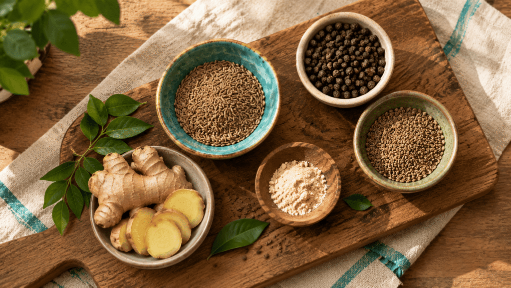 Ayurvedic digestive spices including cumin, ginger, ajwain and hing used for loss of appetite ayurveda