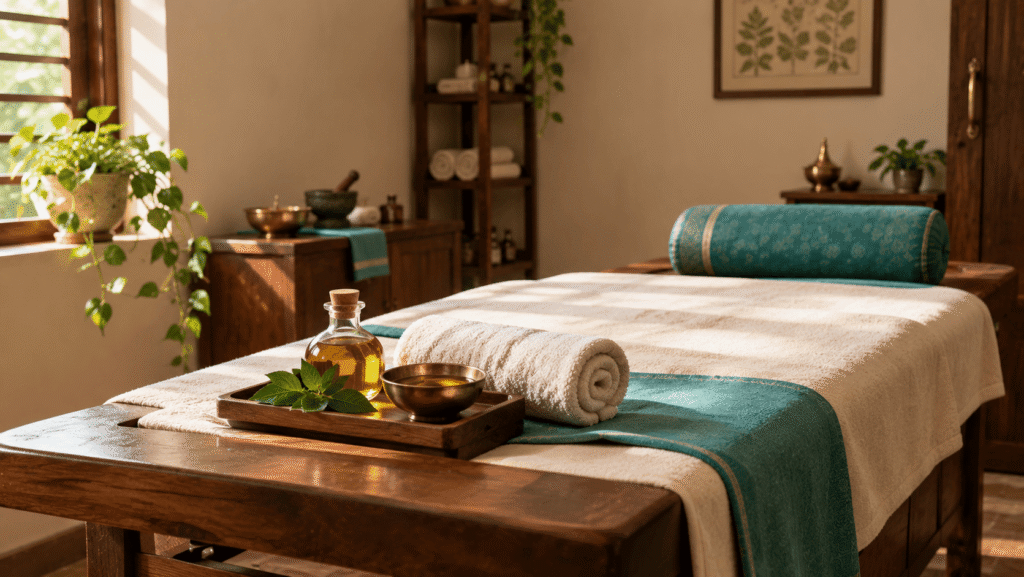Ayurvedic treatment room setup for therapies like Abhyanga used in loss of appetite ayurveda care