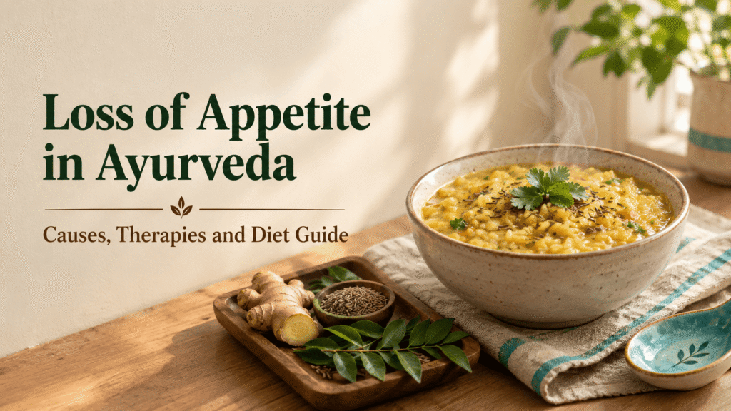 Loss of appetite ayurveda cover image showing warm khichdi and digestive spices on a wooden table