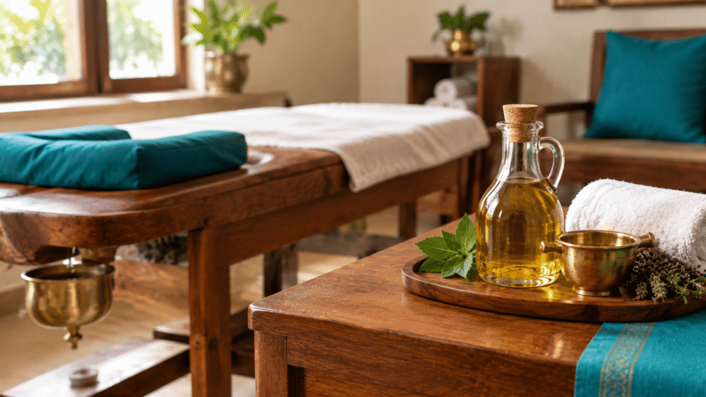 Ayurvedic treatment room setup with medicated oils used for Basti therapy in Panchakarma