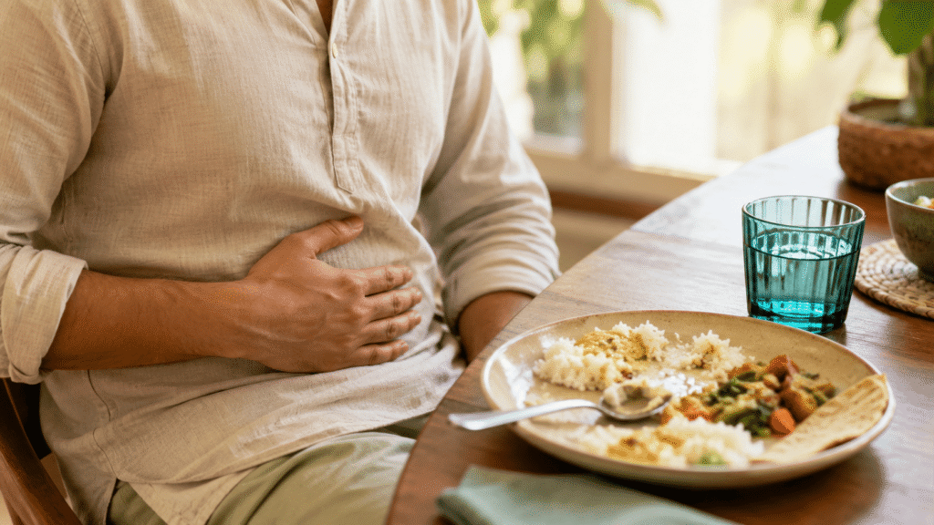 Person practicing mindful eating as part of ayurvedic treatment for gas and bloating