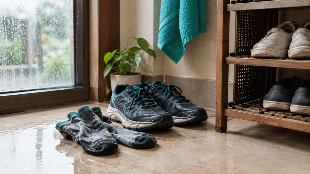Damp shoes and socks representing risk factors in fungal infection ayurvedic treatment