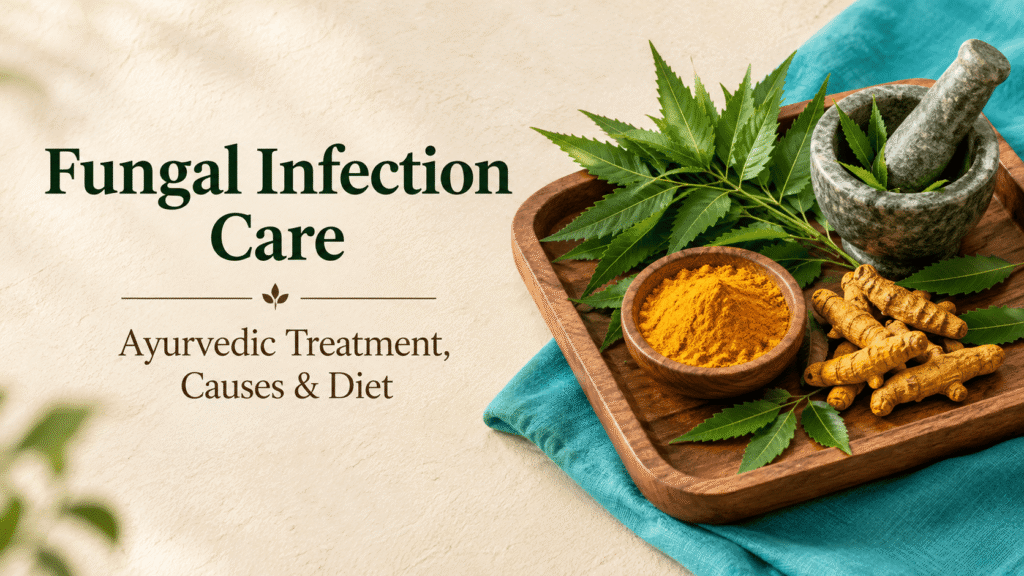 Fungal infection ayurvedic treatment shown with neem leaves and turmeric on a wooden tray