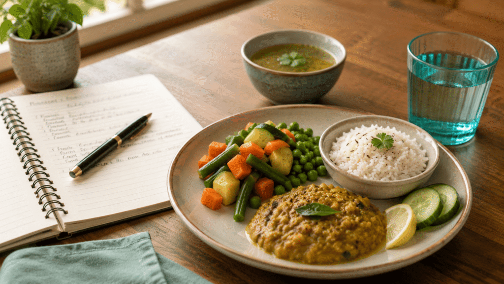 Balanced meal and food diary supporting ayurvedic treatment for gas and bloating