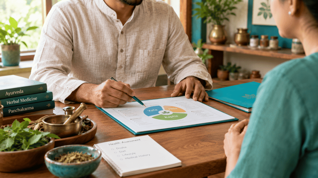 Ayurvedic practitioner consulting with a patient before starting Panchakarma treatment