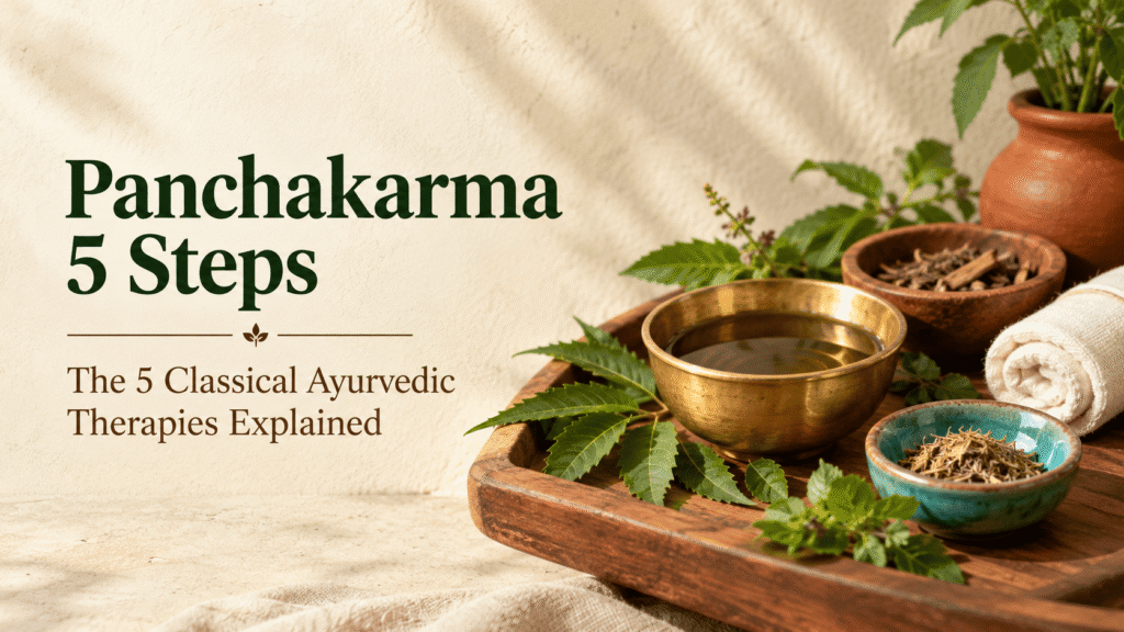 Panchakarma 5 steps cover image showing Ayurvedic oils, herbs and traditional tools styled for a wellness article