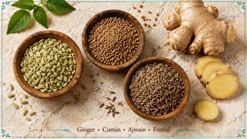 Ginger, cumin, ajwain, and fennel used in ayurvedic treatment for gas and bloating