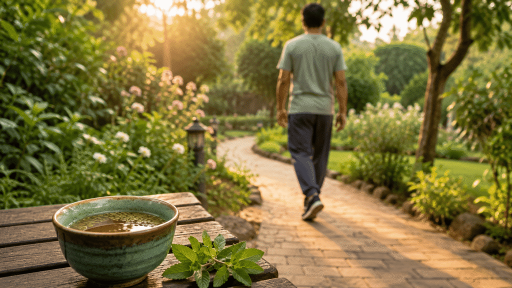 Gentle walk and herbal tea as home remedies in ayurvedic treatment for gas and bloating