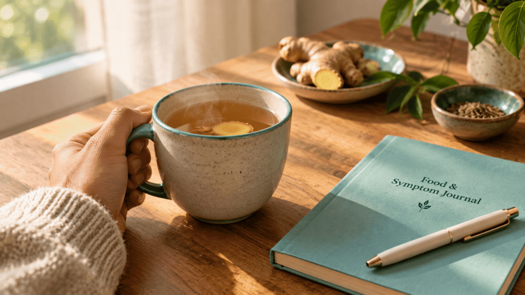 Warm ginger tea and food journal representing digestive