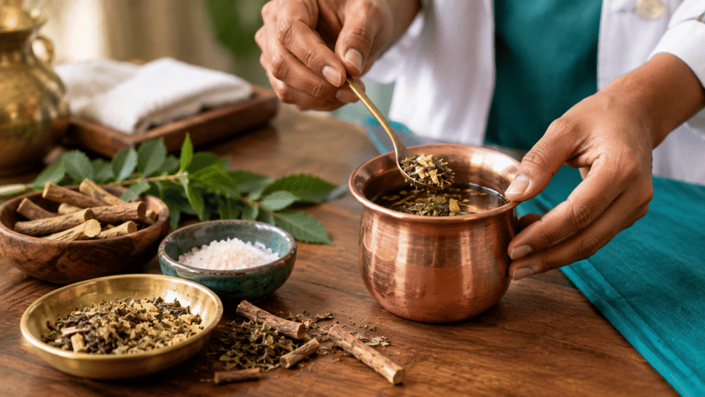 Ayurvedic practitioner preparing herbal decoction for Vamana therapy in Panchakarma treatment